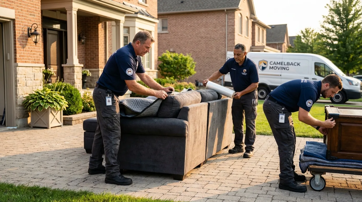 Large estate moving crew wrapping furniture in Glenwood Landing, NY