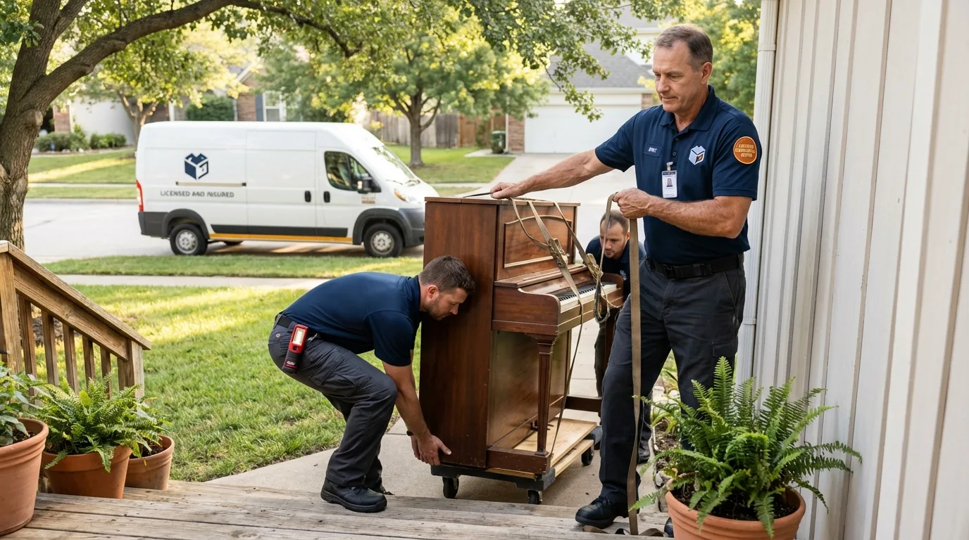 Licensed piano movers securing grand piano in Glenwood Landing, NY
