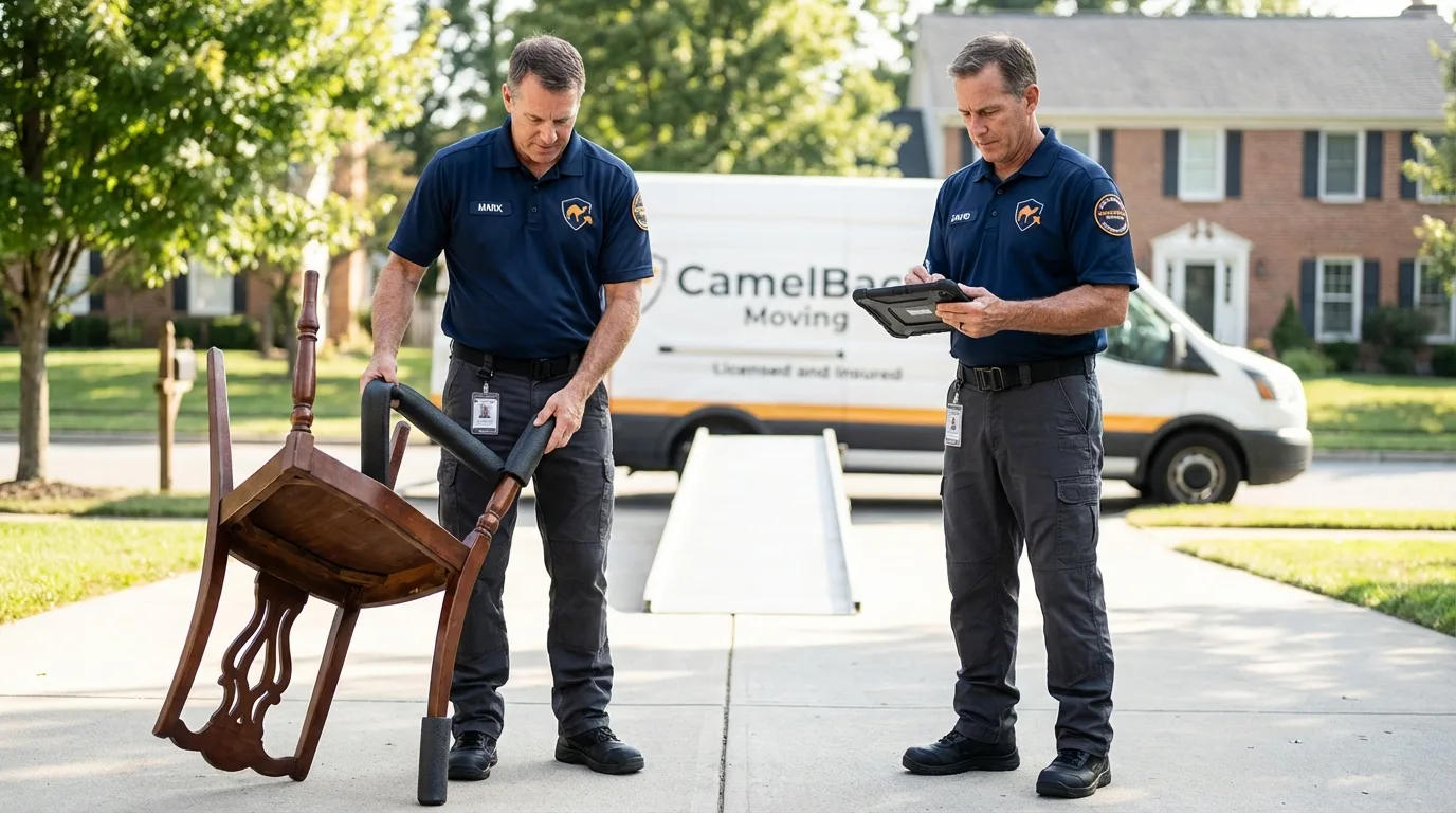 Movers inspecting furniture for damage prevention before loading in Glenwood Landing, NY