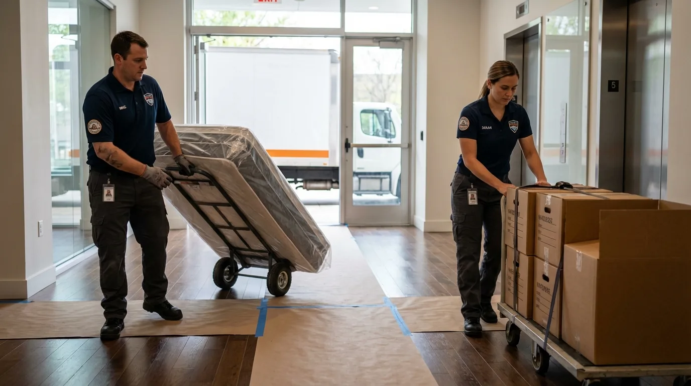 Professional apartment movers loading elevator in Glenwood Landing, NY
