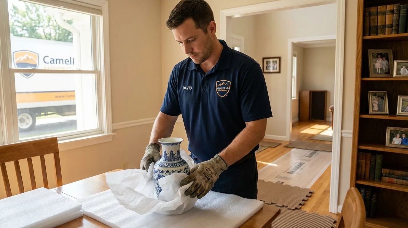 Professional crew carefully wrapping antique vase for senior downsizing move in Glenwood Landing, NY